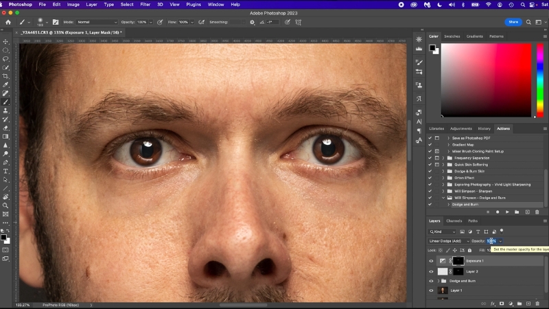 Close-up of eyes in Photoshop during subtle facial enhancements for headshot retouching