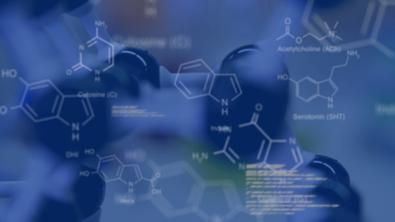 Close-up of lab glassware with chemical formulas and molecular diagrams overlaid