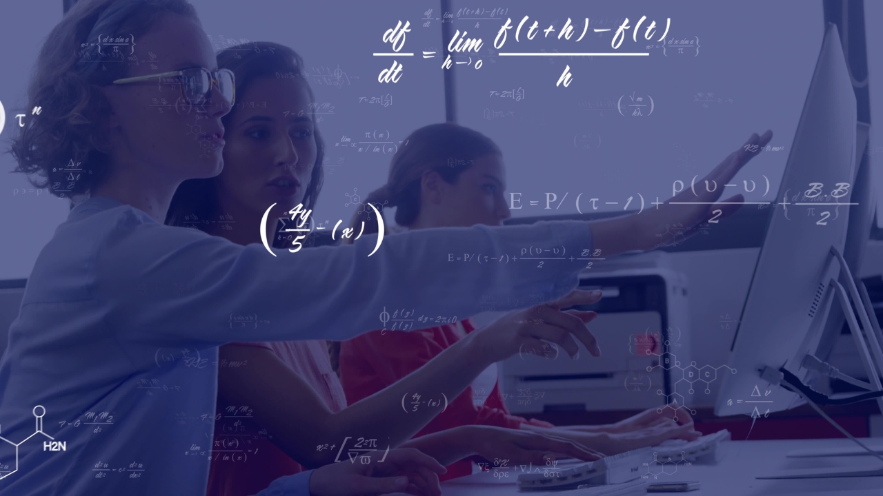 Students work at a computer with math formulas overlaid, showing STEM training in education
