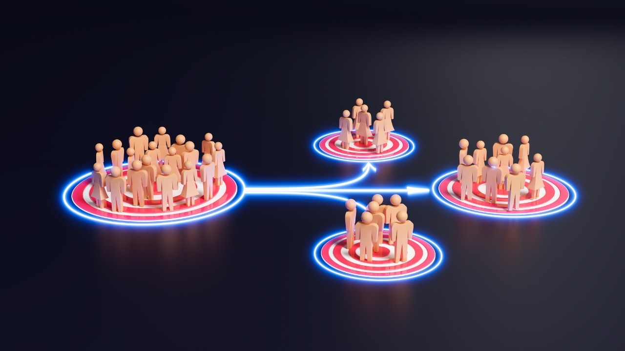 Audience groups are split across targeted segments with glowing connection paths