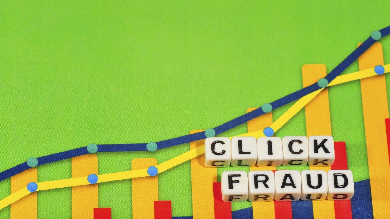 Click fraud text blocks sit over a bright chart with rising ad performance lines