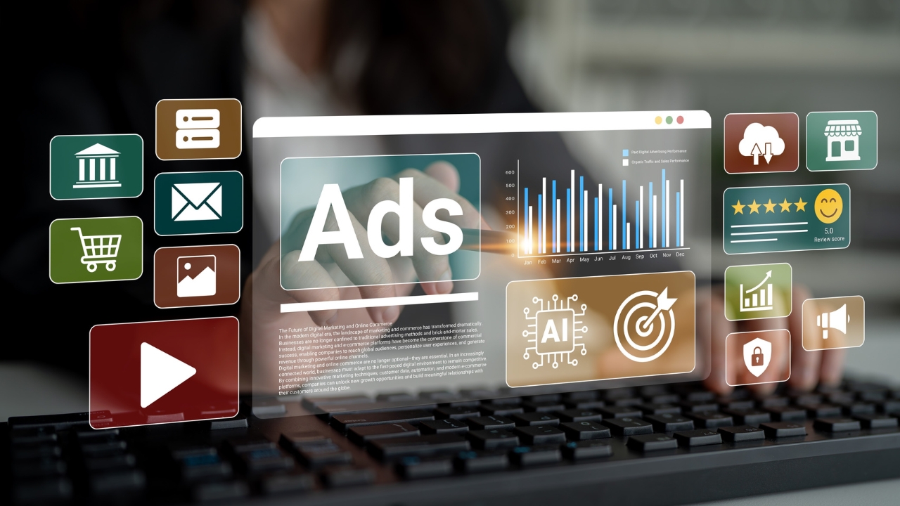 Visual ads dashboard shows campaign metrics and digital ad icons on a laptop screen