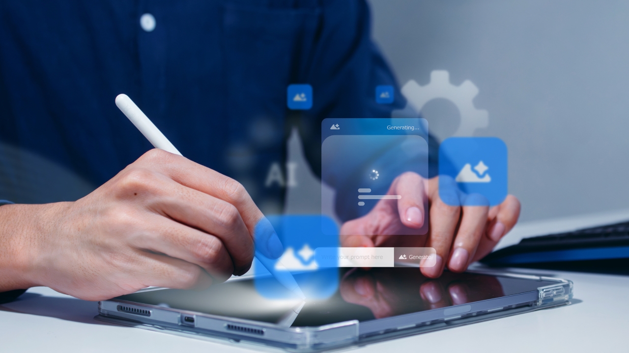 Person using AI image tools on a tablet for digital content creation