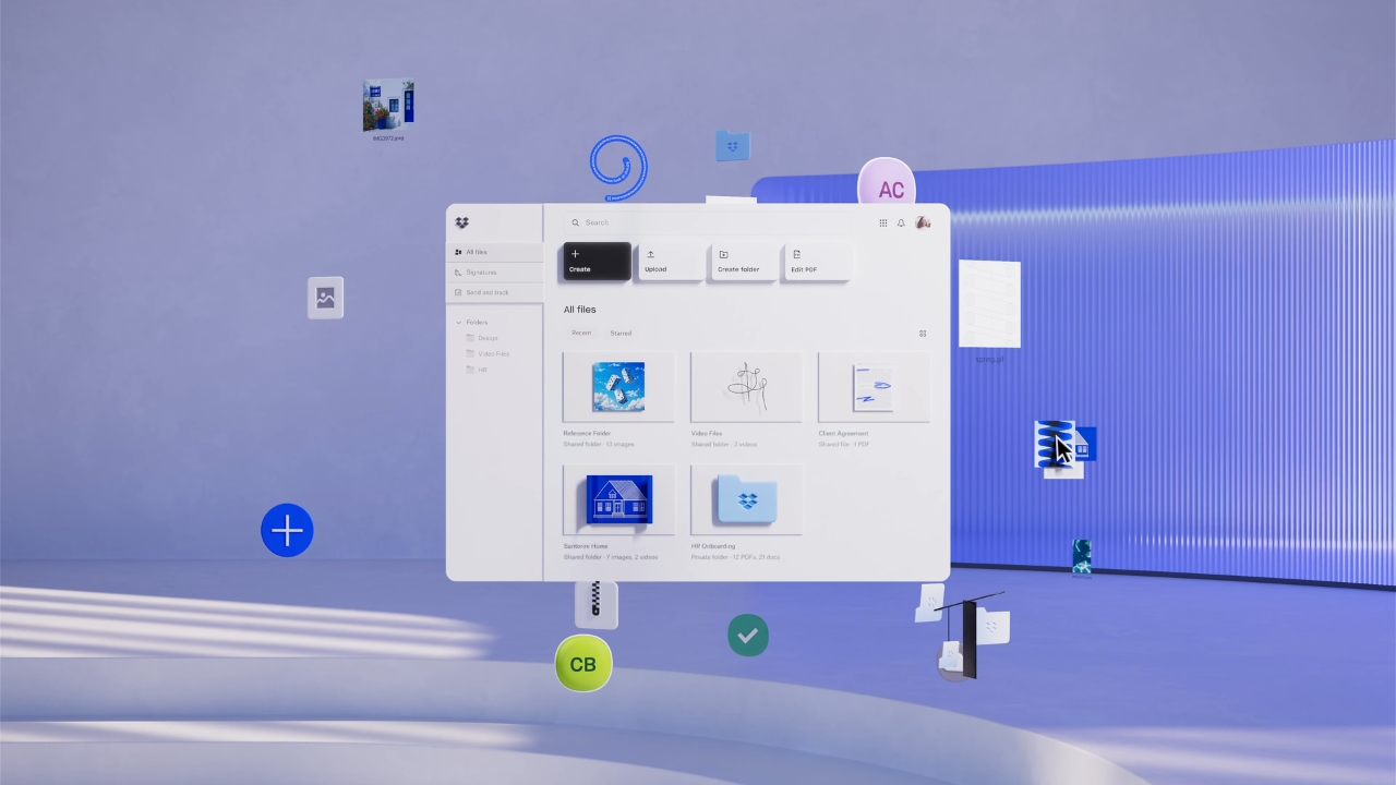 A Dropbox dashboard displays shared files on a desktop workspace