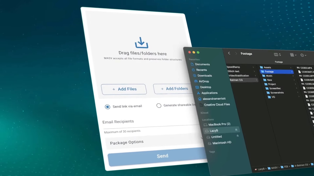 A MASV transfer screen displays a folder with video files ready to send