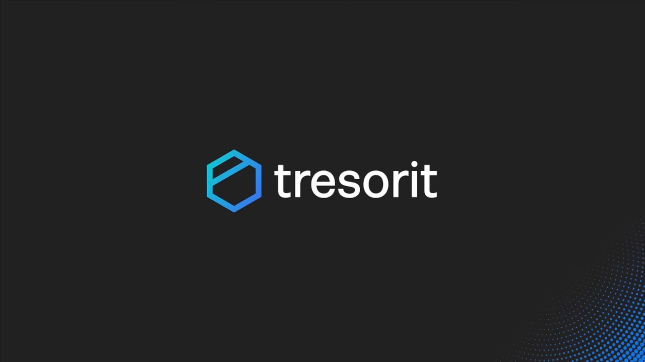 Tresorit logo on a dark background with blue dotted accents