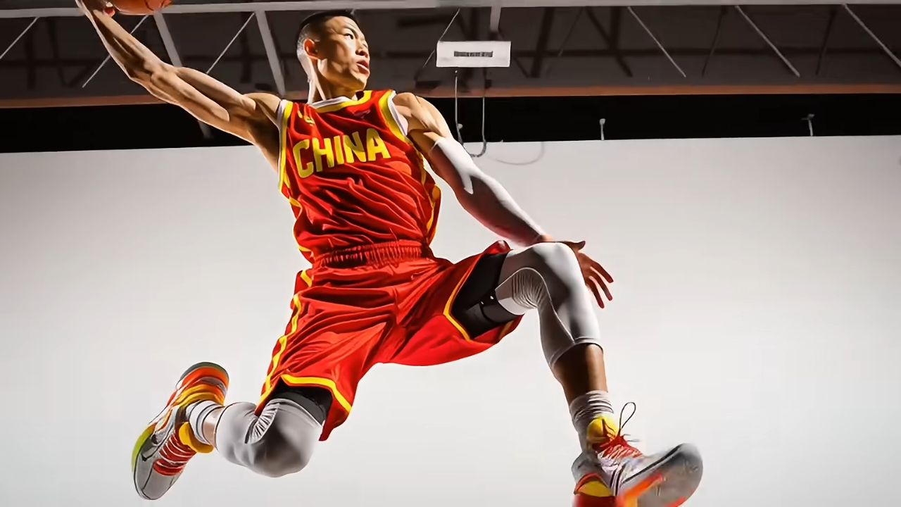 A basketball player leaps toward the hoop in a red China uniform