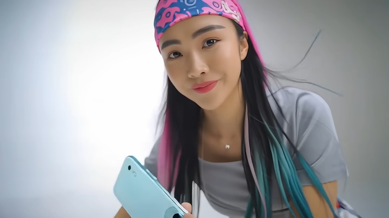 A woman holds a smartphone in an AI-generated product video