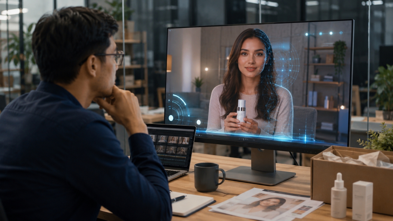A marketer reviews an AI presenter with a skincare product on a large screen