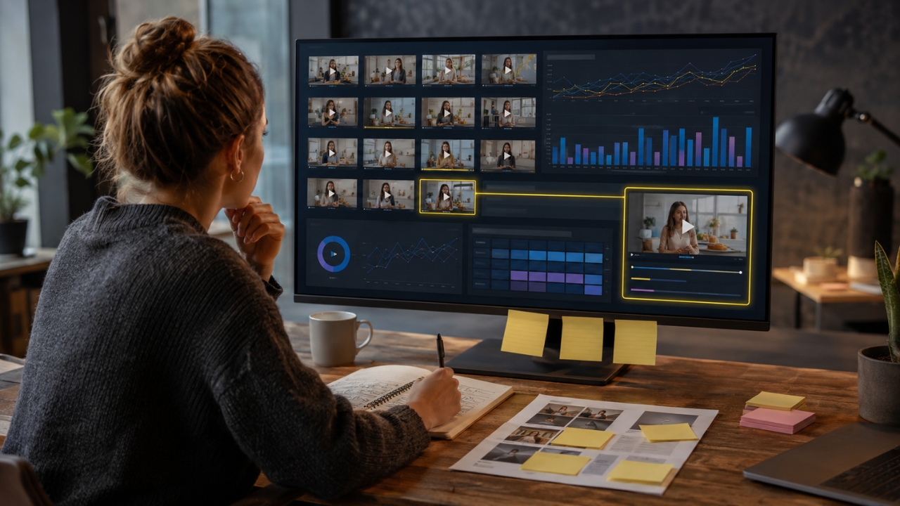 A marketer reviews several video ad versions and performance charts on a large monitor