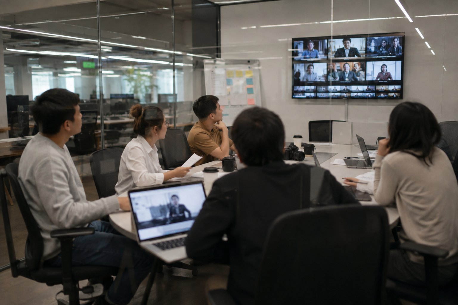 Media professionals meeting around a conference table with digital screens.