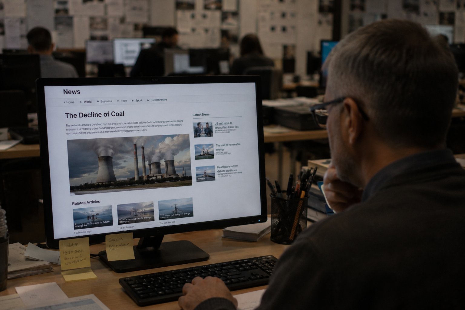 Journalist reviewing an online news article in a newsroom.