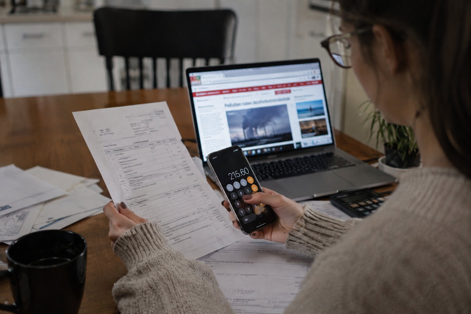 Woman reviewing expenses while reading news on a laptop.
