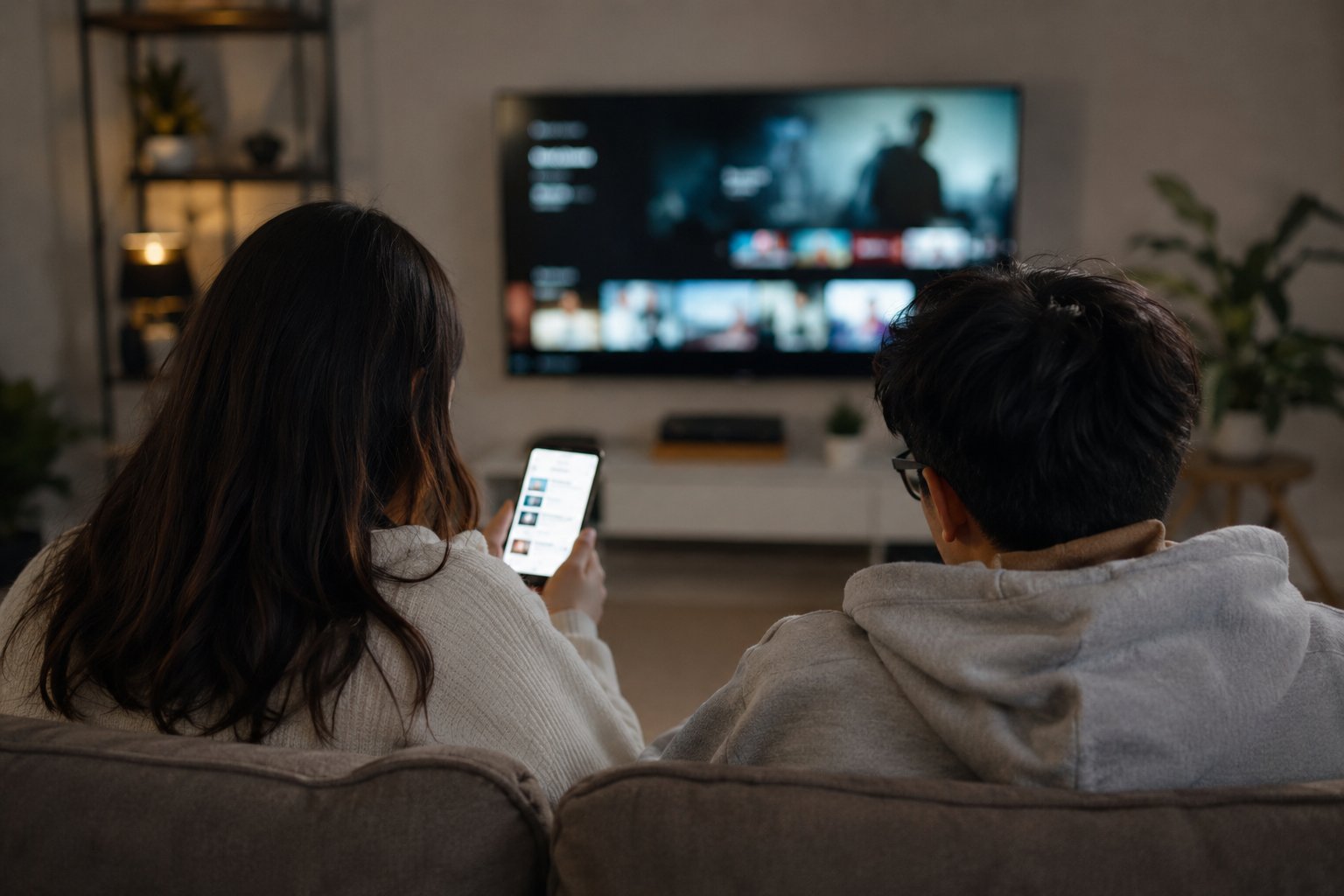 Two young adults using a smartphone while watching television.