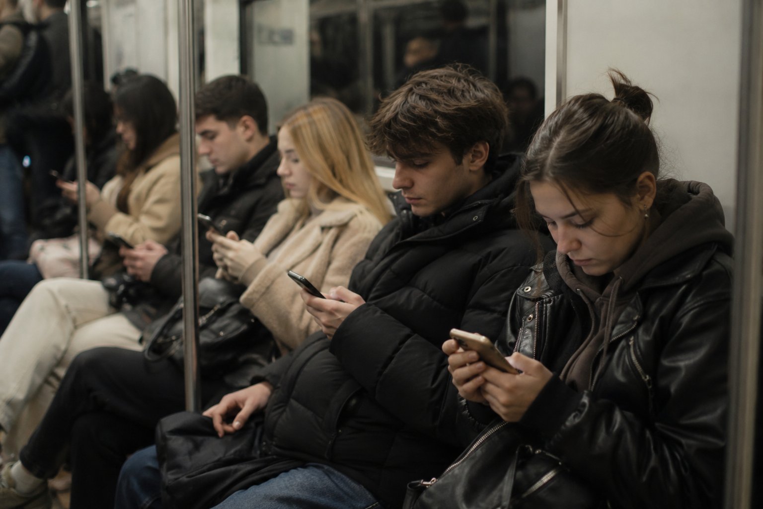 Young adults using smartphones while riding public transport.
