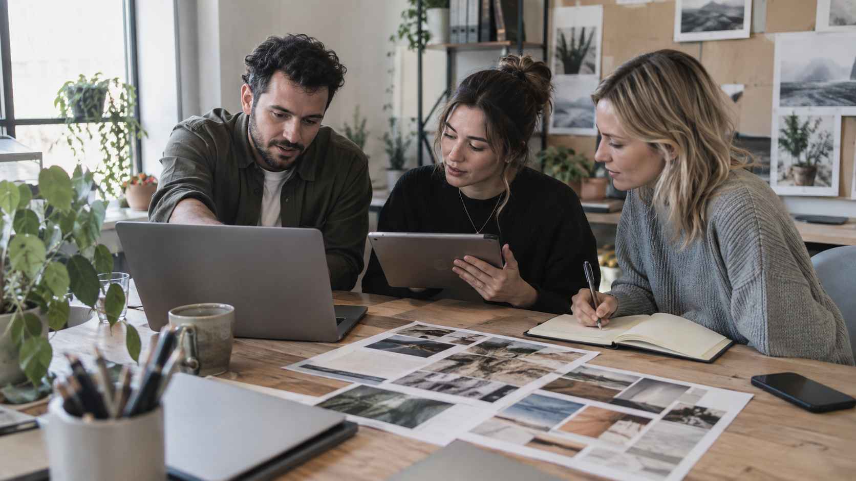 Three marketing professionals collaborating on creative projects around a laptop and tablet.