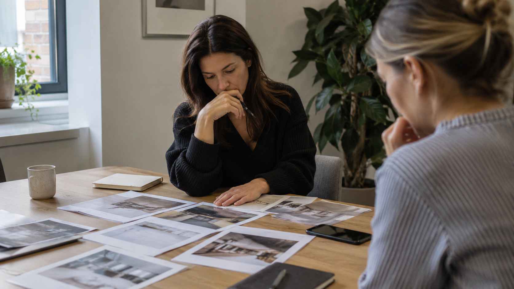 Two marketing professionals carefully reviewing printed creative materials at a table.