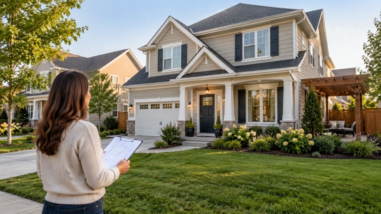 Homeowner reviewing HOA plans in front of a well-maintained suburban home prepared for listing photos