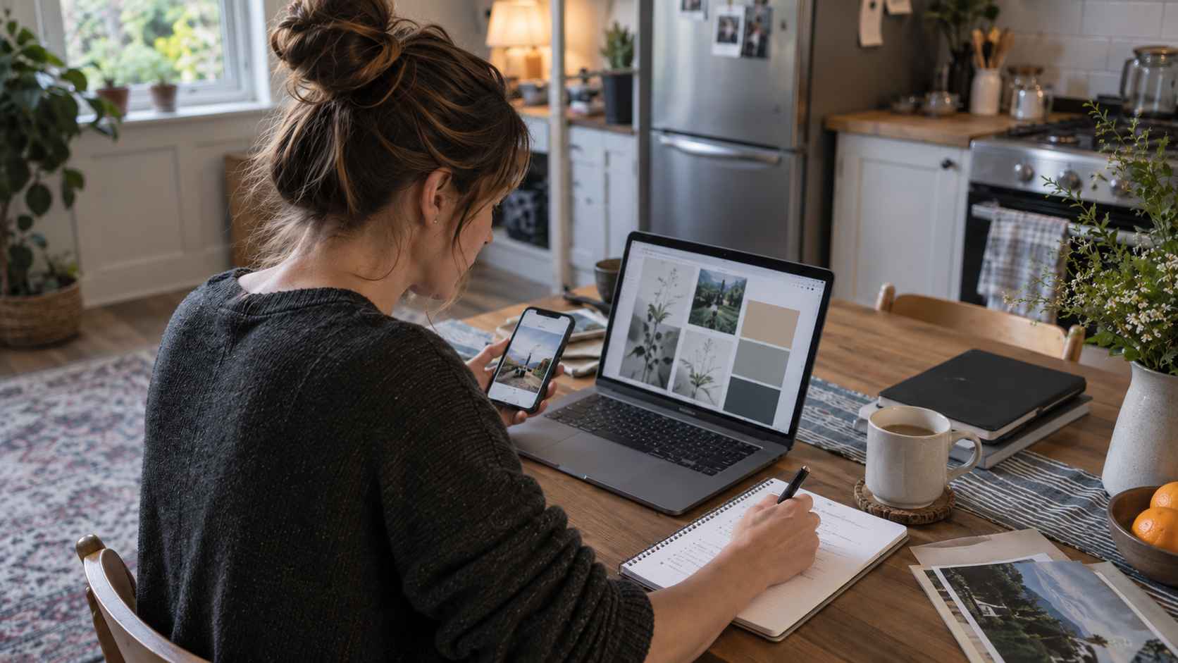 Woman reviewing creative materials on a laptop while working from home.