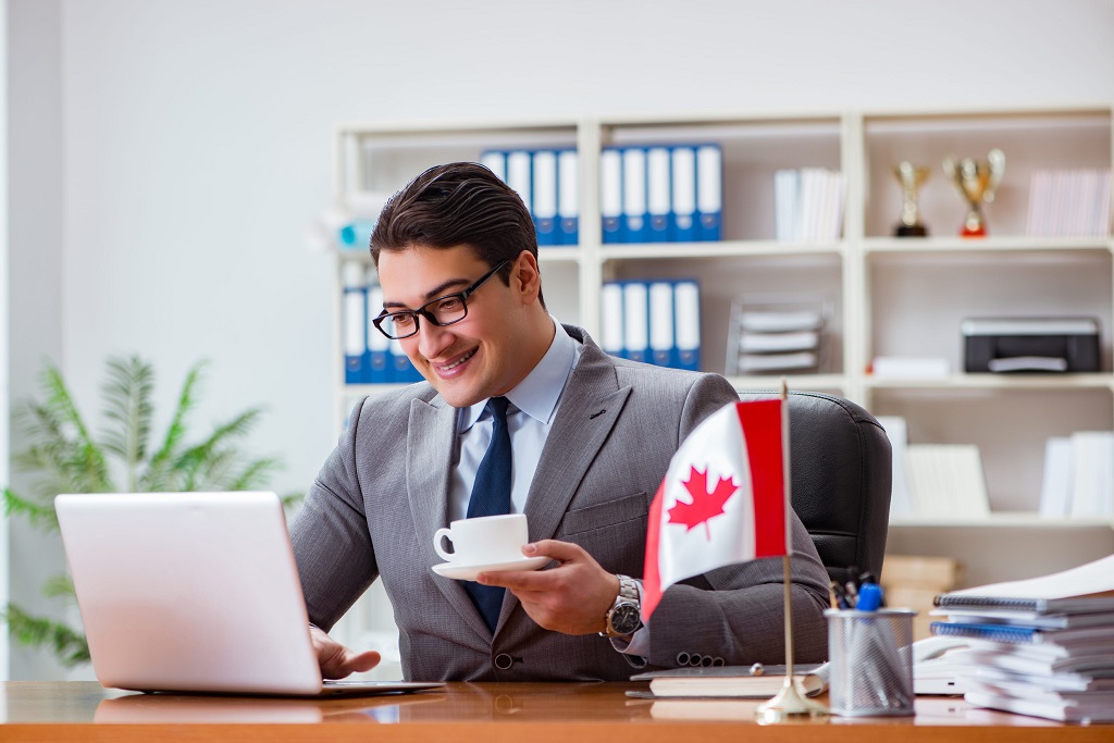 Businessman with Canadian flag in office