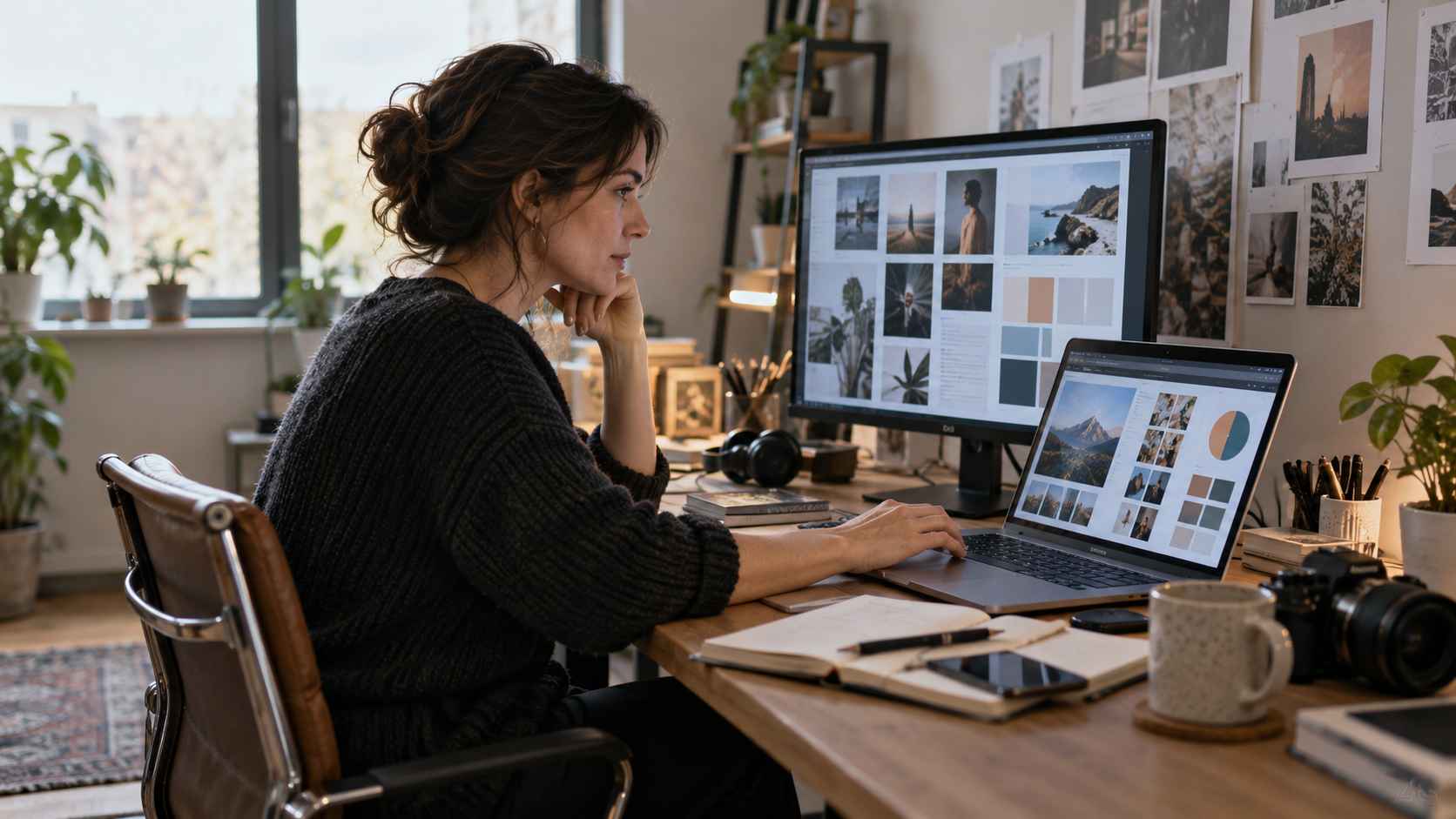 Independent marketing professional working on creative projects at a home office desk.