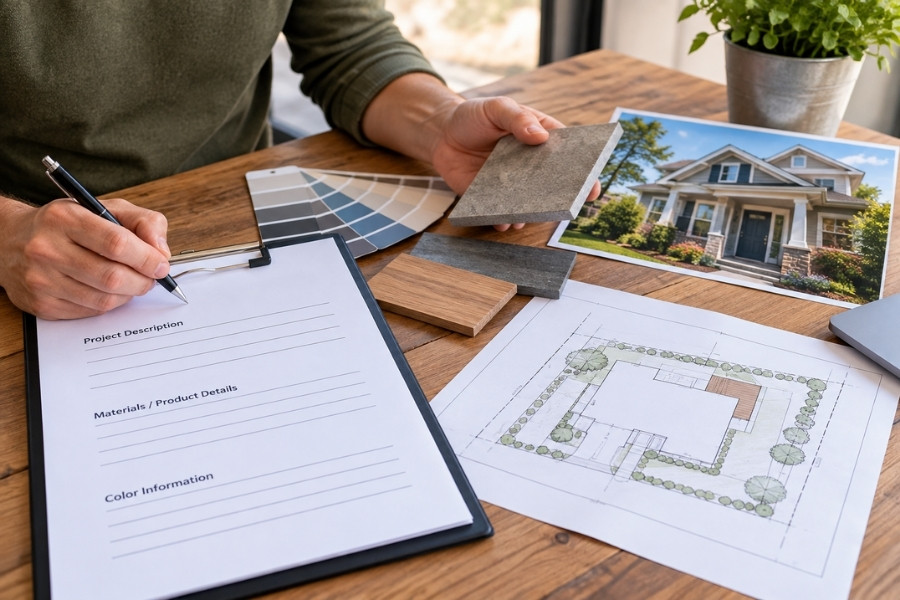 Homeowner preparing an HOA architectural review application with material samples and a property site plan