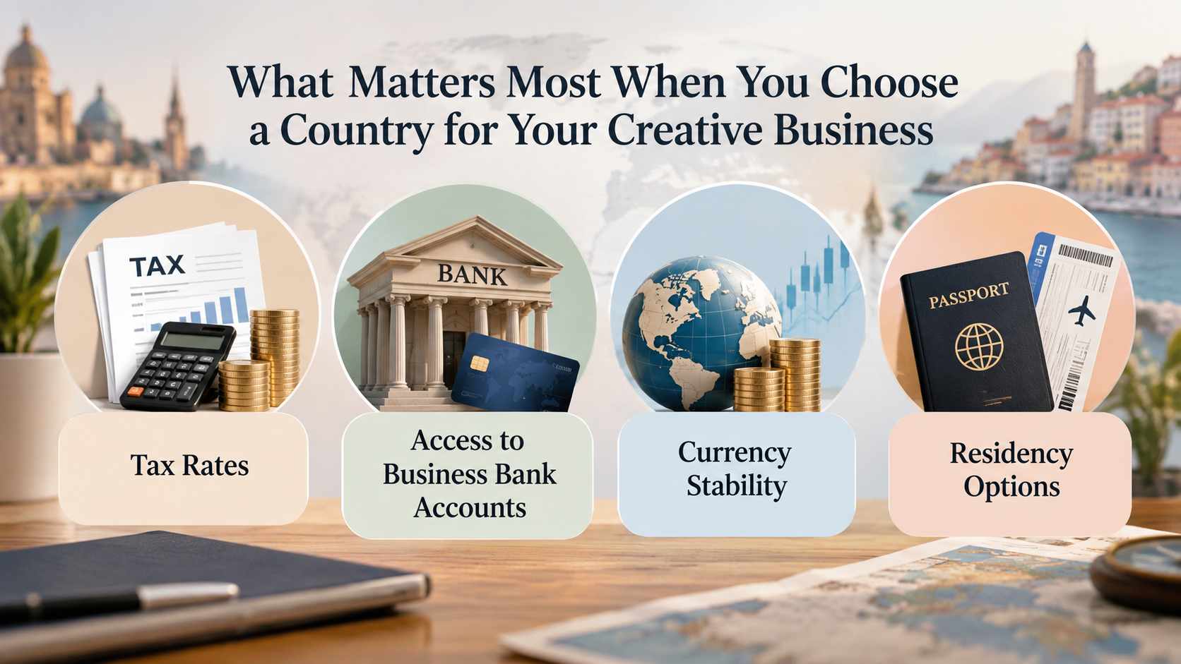 Infographic with tax rates, business bank access, currency stability, and residency options for a creative business abroad.