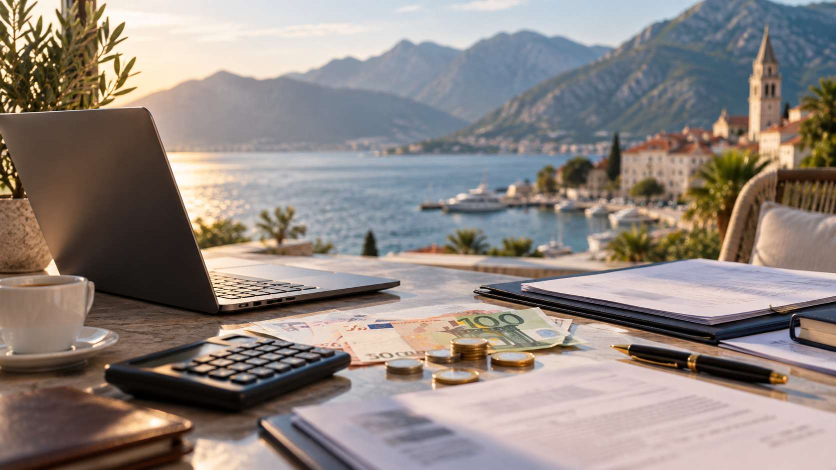 Laptop, euro cash, calculator, and business documents on a desk above the Montenegrin coast.
